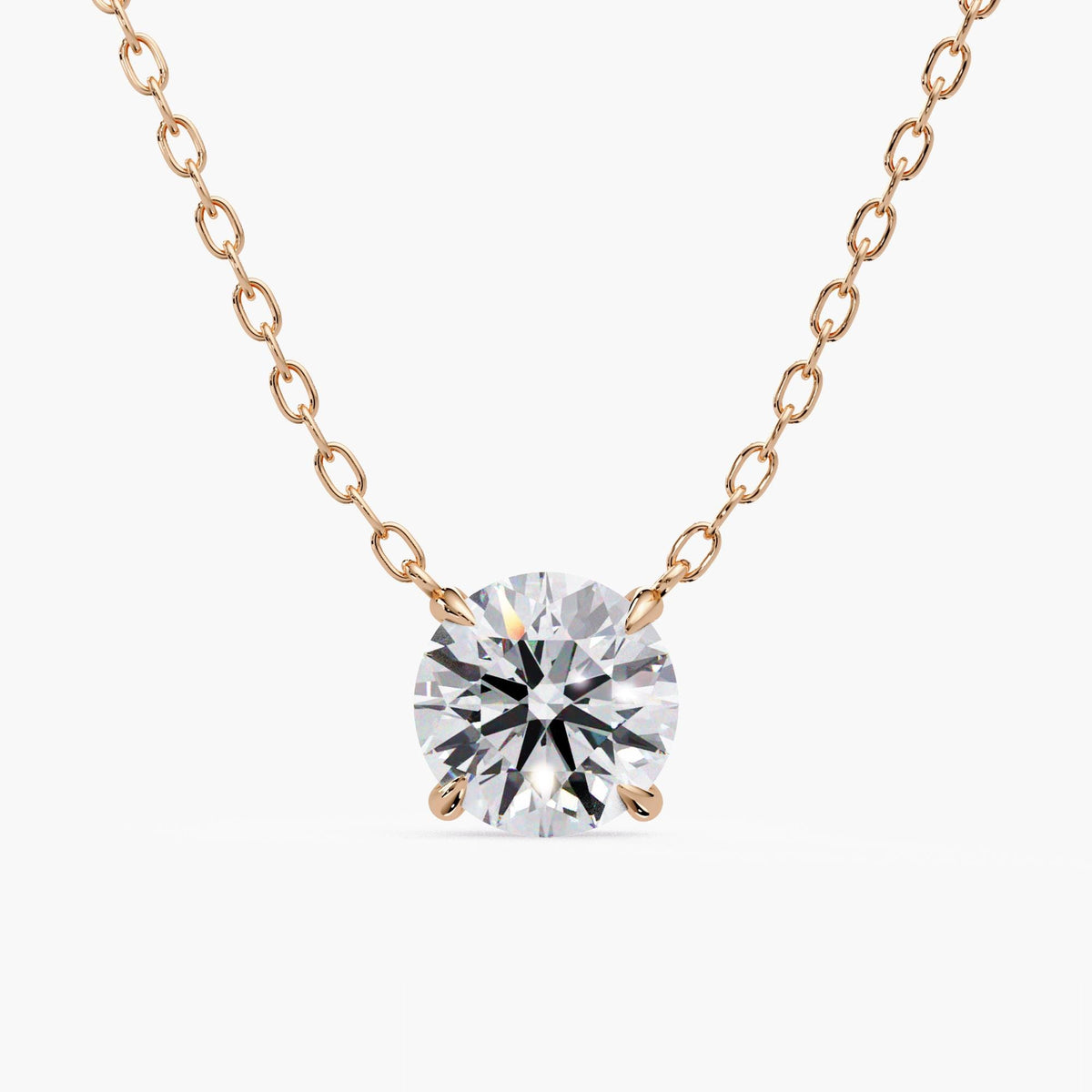 Round lab-grown diamond solitaire pendant necklace in 14K rose gold, featuring a four-prong setting and delicate cable chain