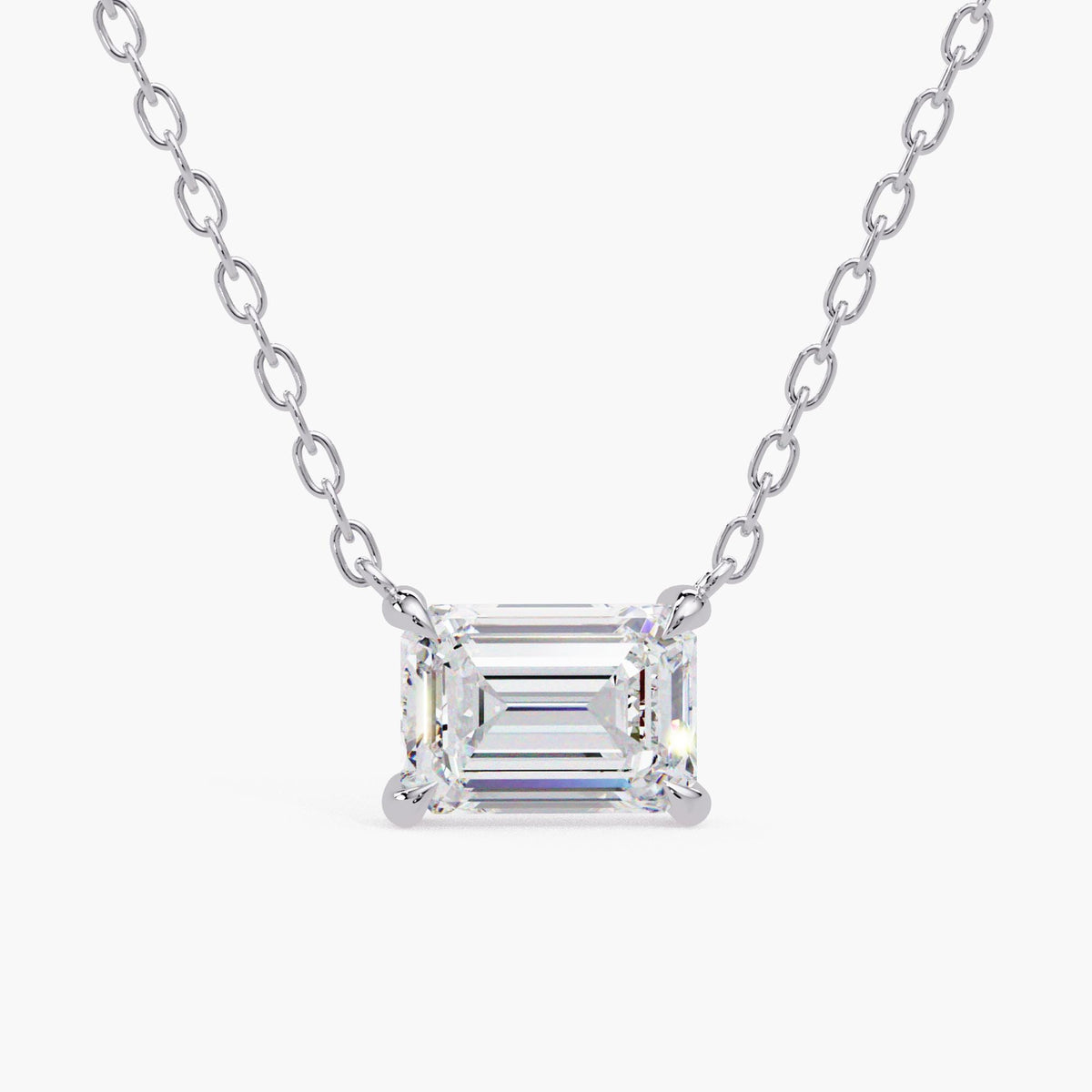 emerald cut diamond necklace / white gold pendant necklace / horizontal diamond solitaire / lab grown diamond jewelry / front view