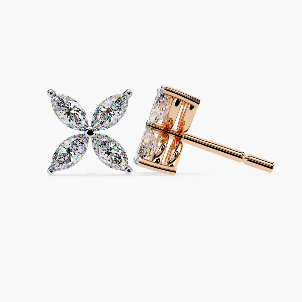 Marquise-Cut Lab Grown Diamond Flower Stud Earrings | 14K Gold