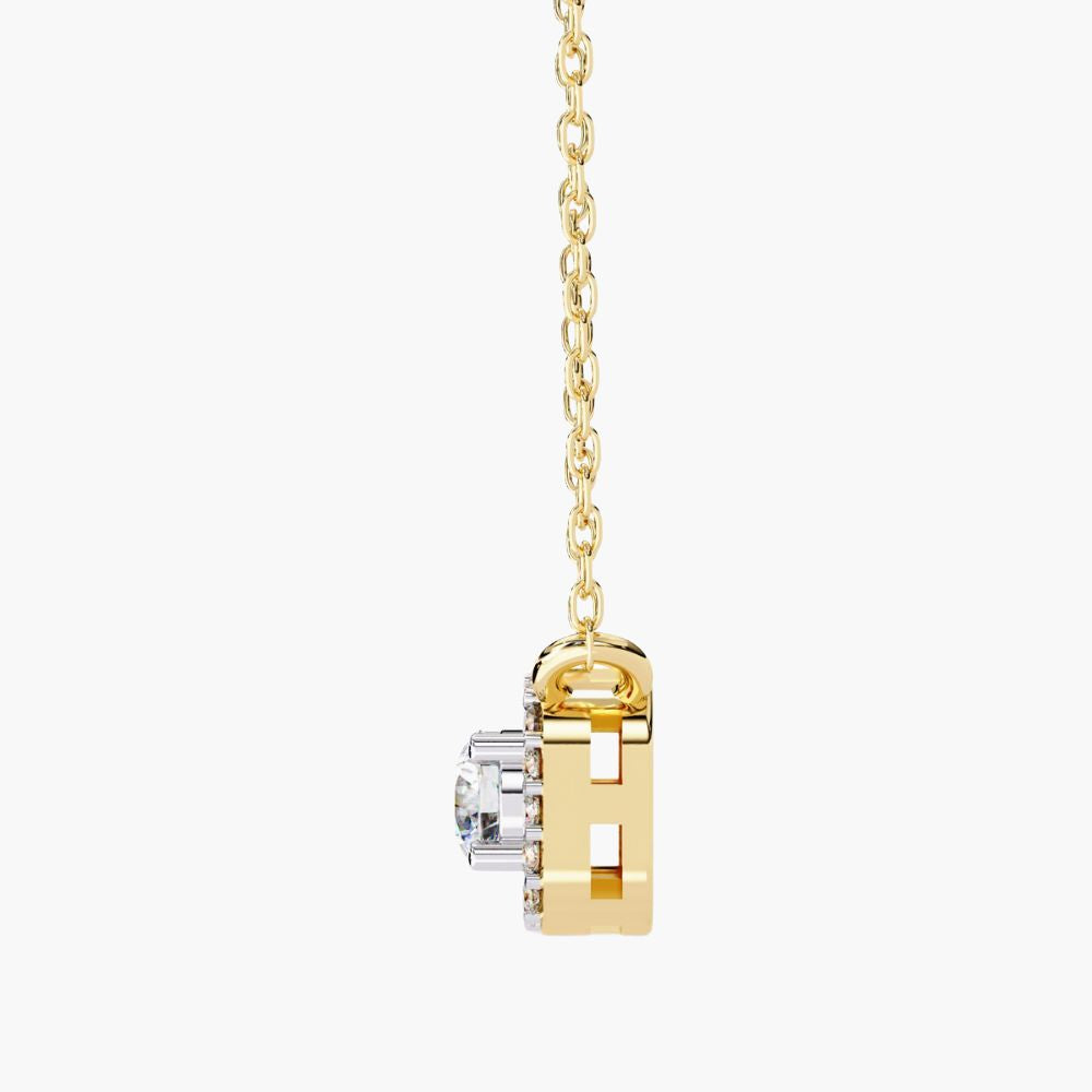 Solitaire Natural Diamond Square Halo Necklace | 14K Gold