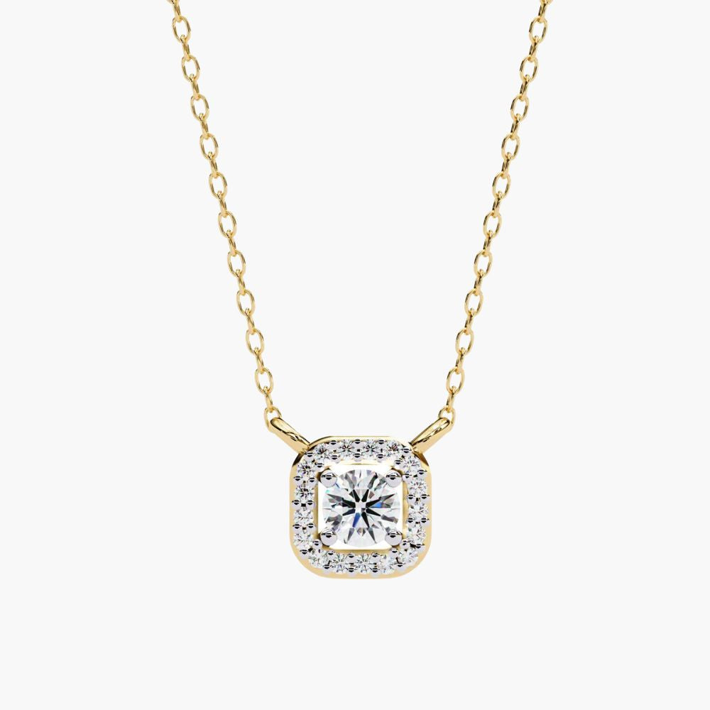 Solitaire Natural Diamond Square Halo Necklace | 14K Gold