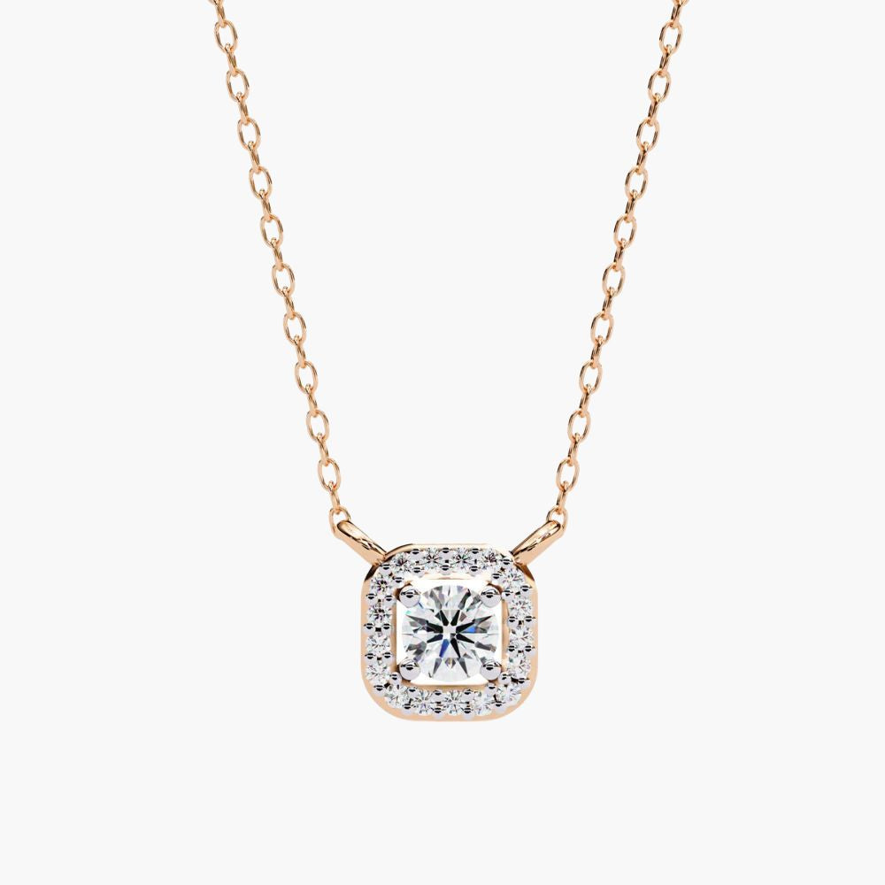 Solitaire Natural Diamond Square Halo Necklace | 14K Gold
