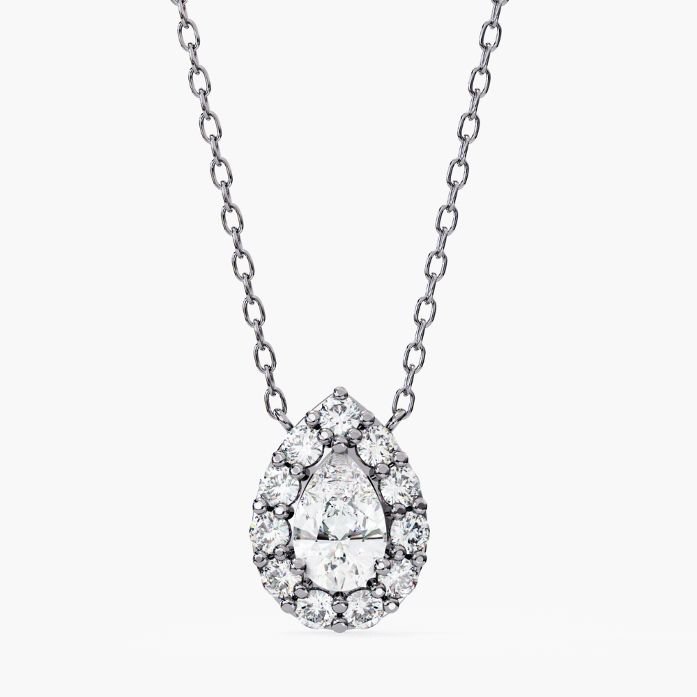 Pear-Shaped Natural Diamond Halo Pendant Necklace | 14K Gold