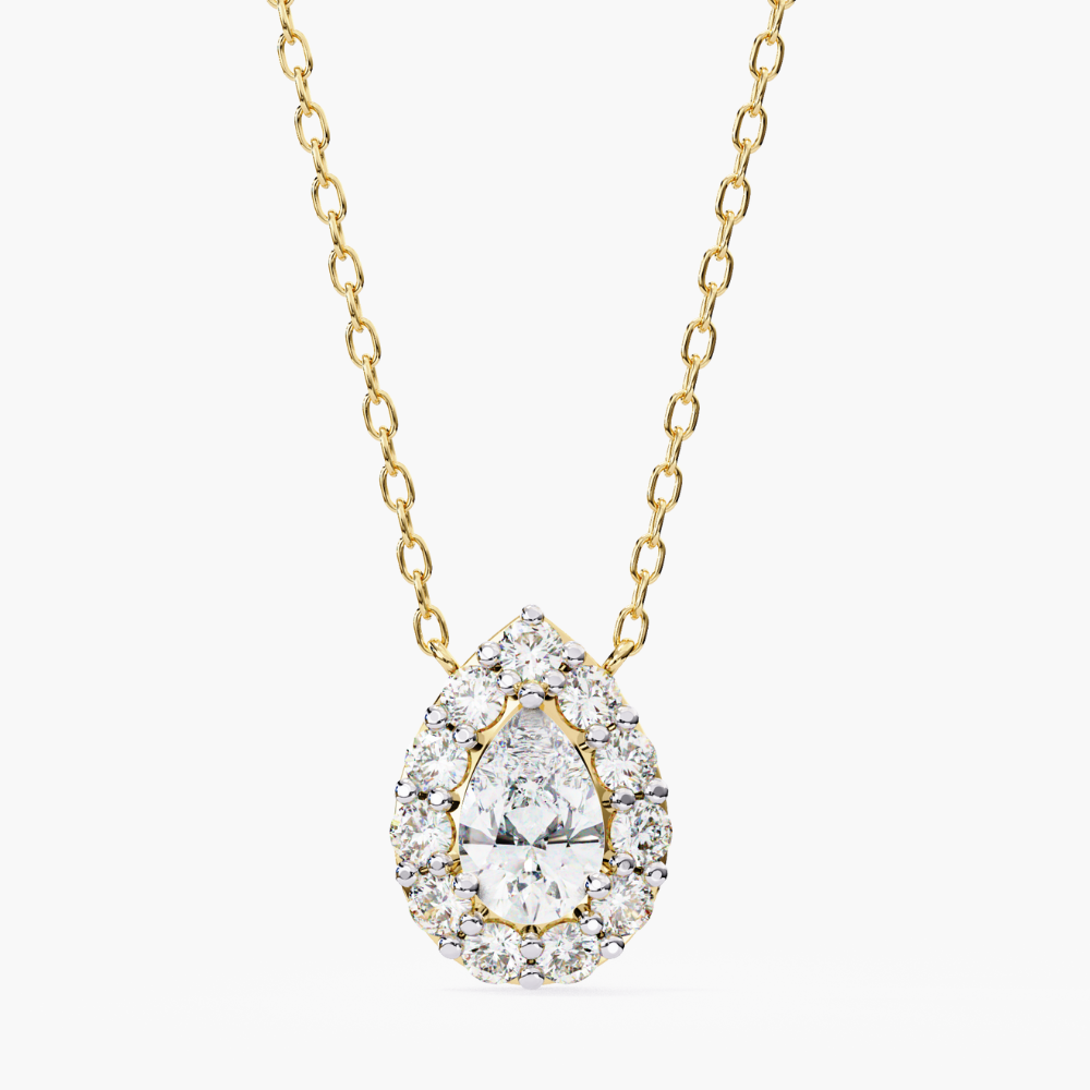 Pear-Shaped Natural Diamond Halo Pendant Necklace | 14K Gold