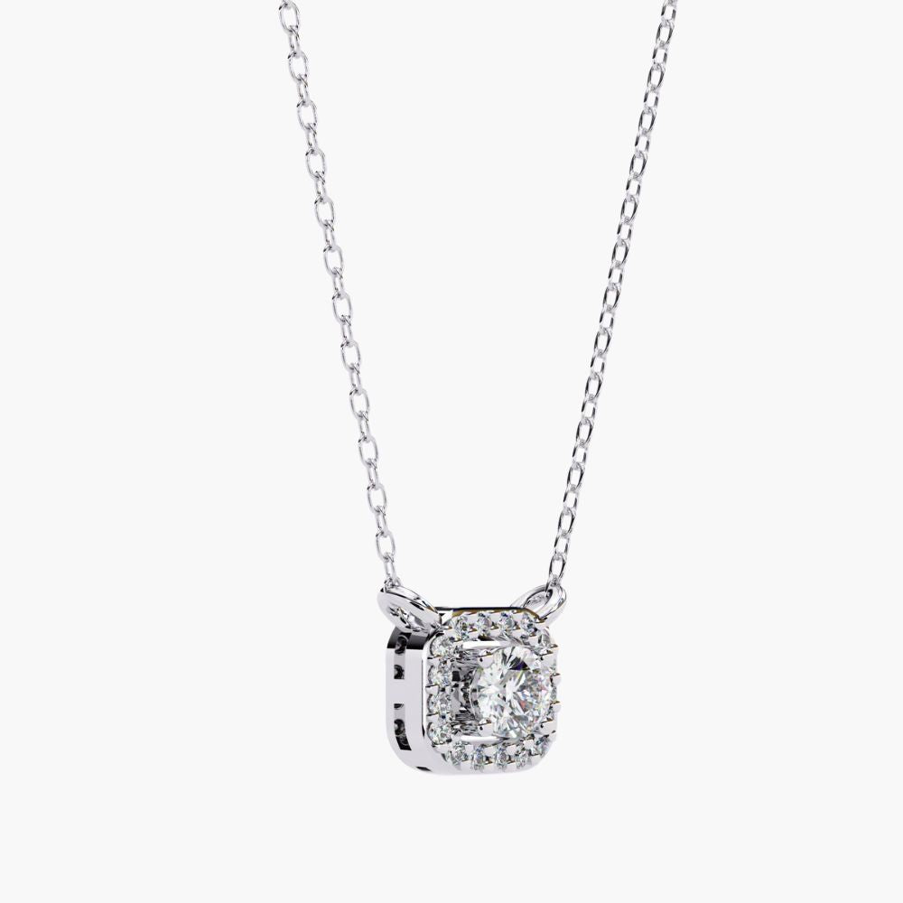 Solitaire Natural Diamond Square Halo Necklace | 14K Gold