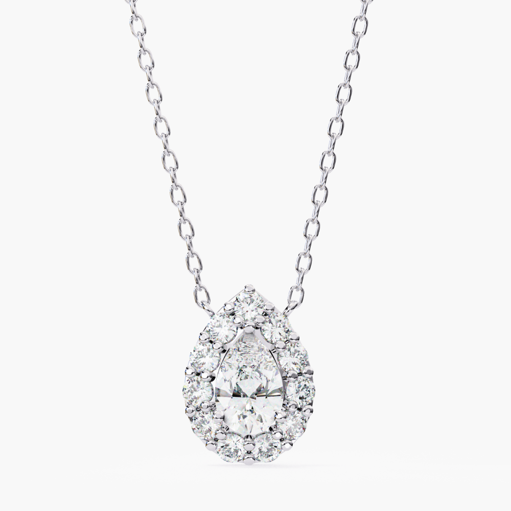Pear-Shaped Natural Diamond Halo Pendant Necklace | 14K Gold