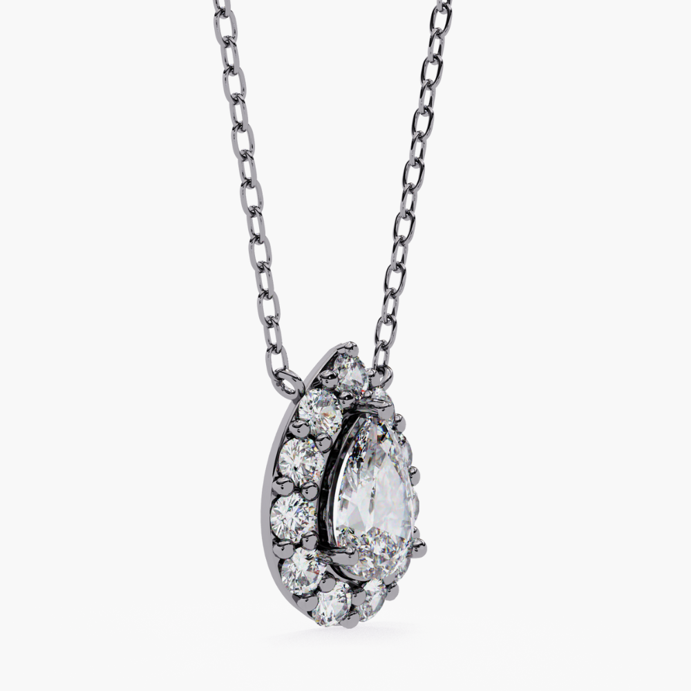 Pear-Shaped Natural Diamond Halo Pendant Necklace | 14K Gold