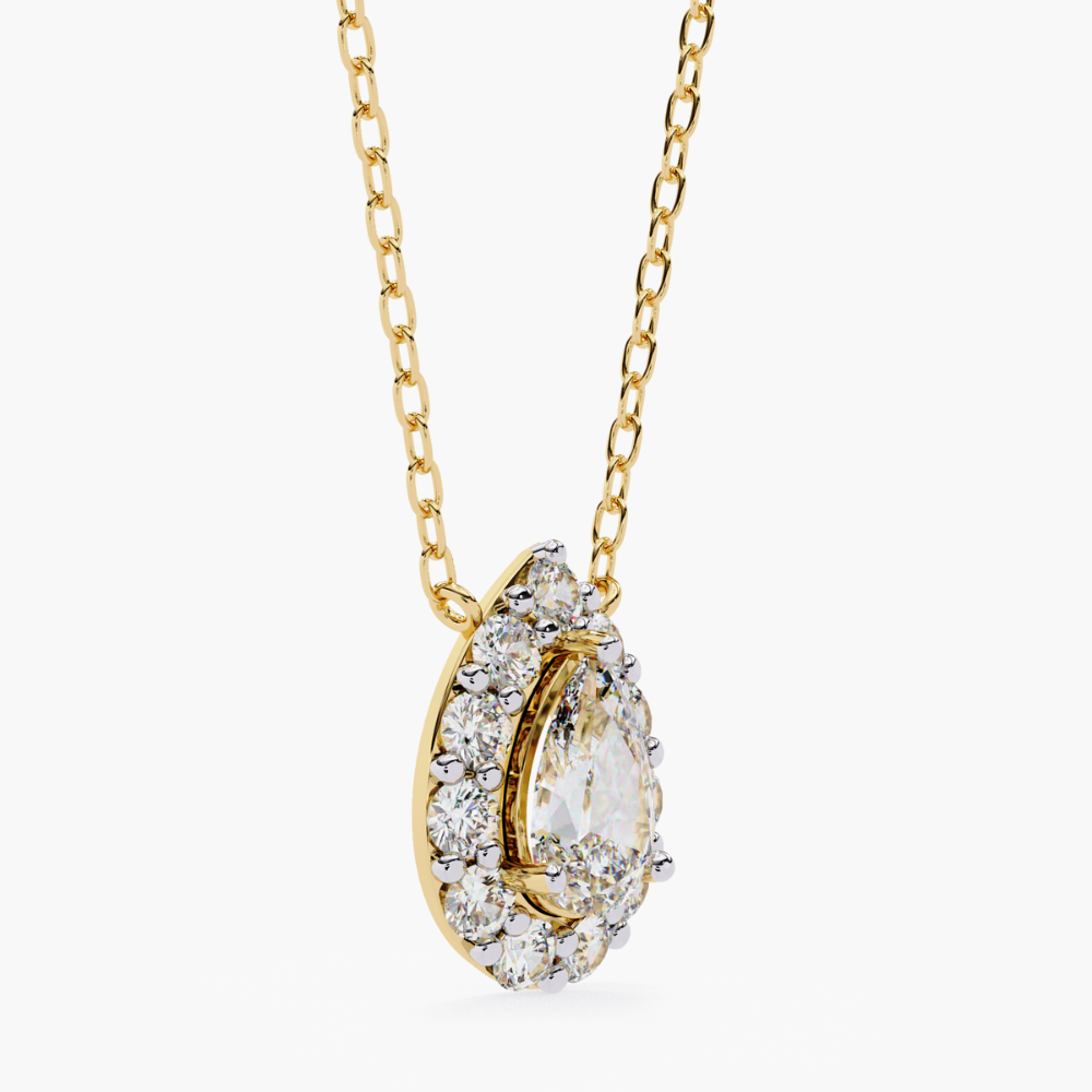 Pear-Shaped Natural Diamond Halo Pendant Necklace | 14K Gold