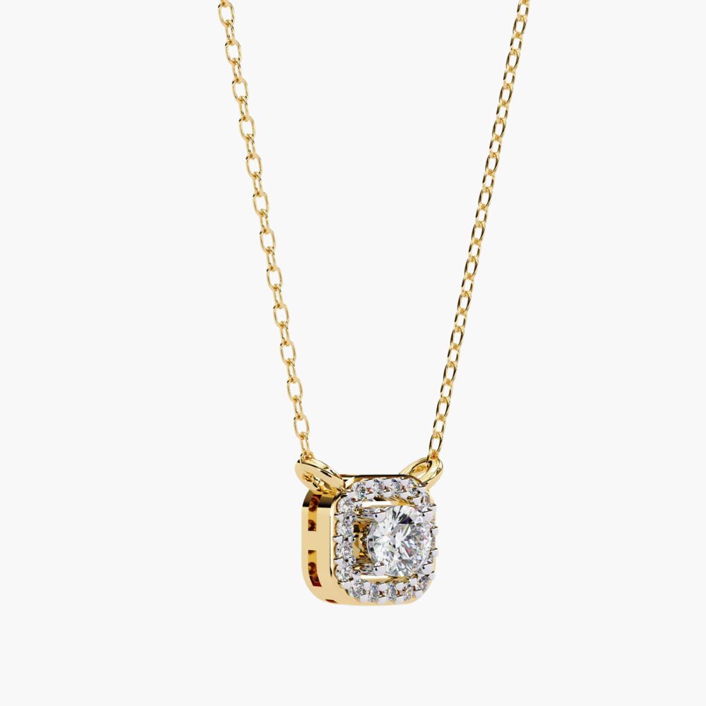 Solitaire Natural Diamond Square Halo Necklace | 14K Gold