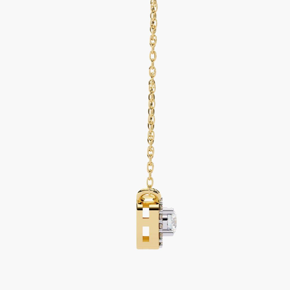 Solitaire Natural Diamond Square Halo Necklace | 14K Gold