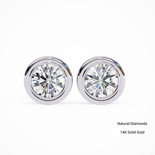 Natural Diamond Earring Bezel Stud, 1 Ct Diamond Gold Earrings, 14K Gold Bezel Diamond Earring, Pushback Diamond Stud Earrings