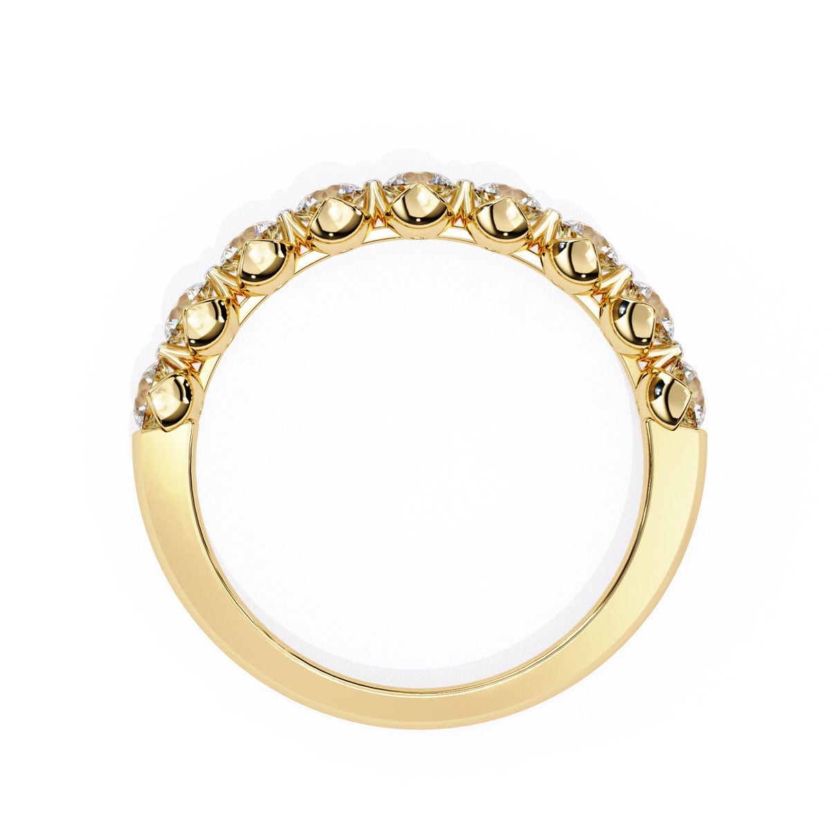 a gold ring with nine diamonds on it
