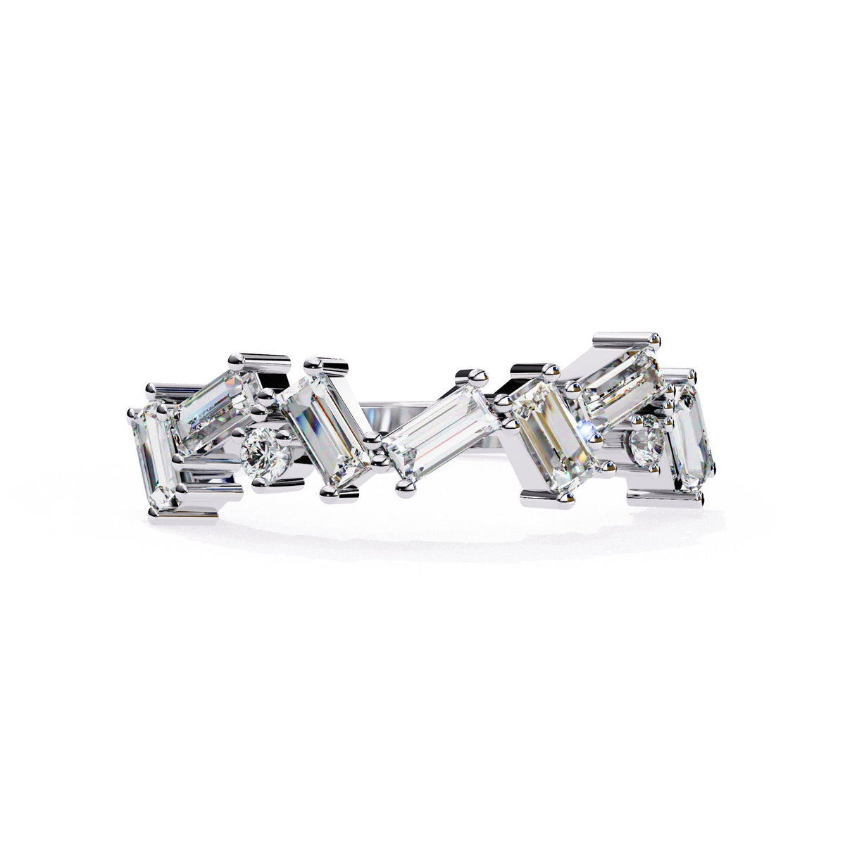 A white gold ring with baguette and round shaped diamonds.