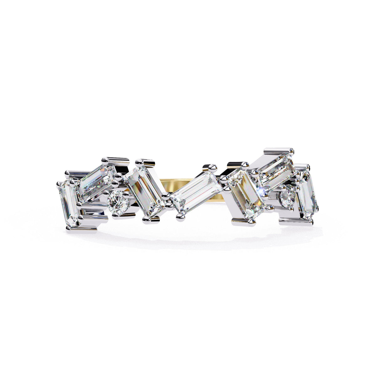 A gold ring with baguette and round shaped diamonds.