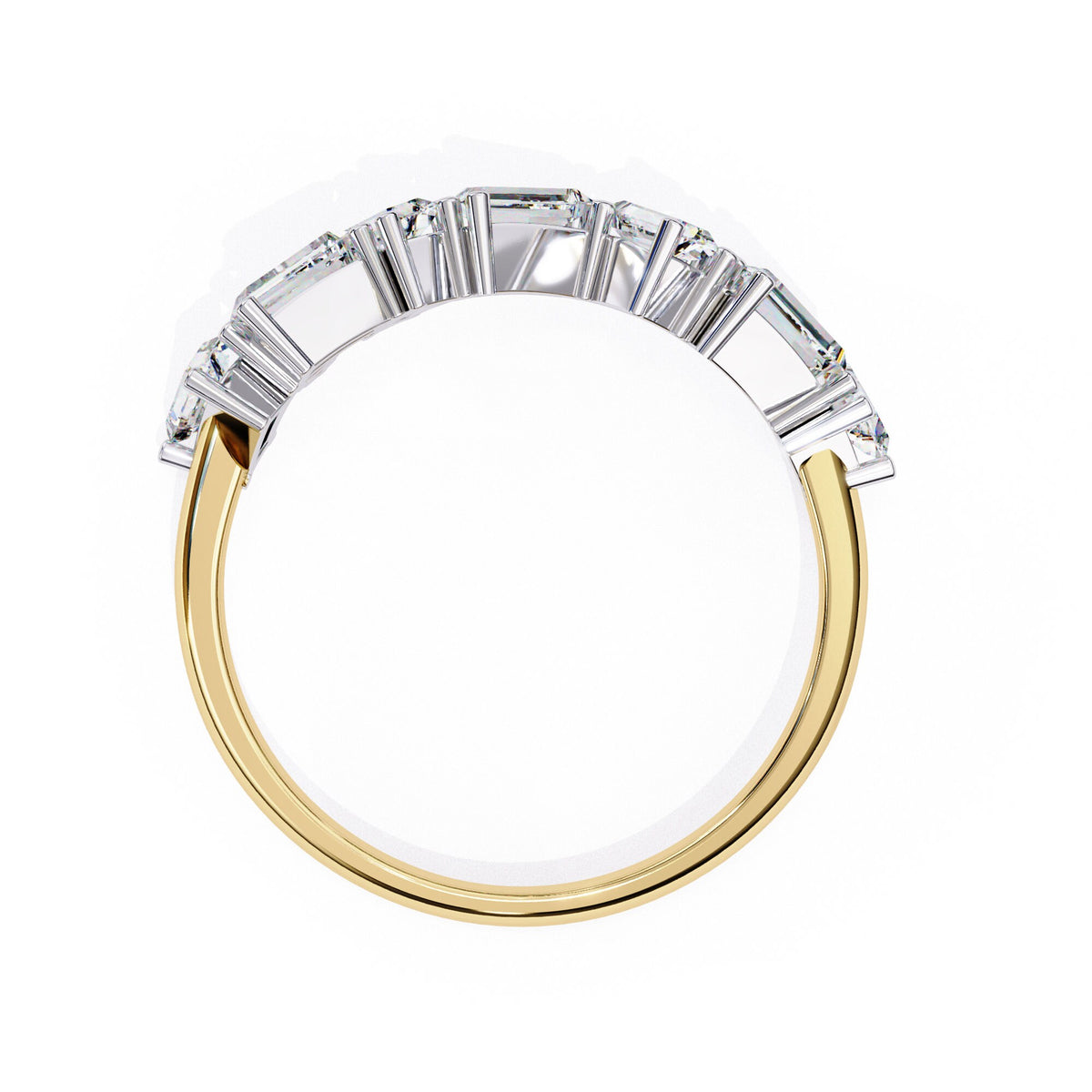 A gold ring with baguette and round shaped diamonds.
