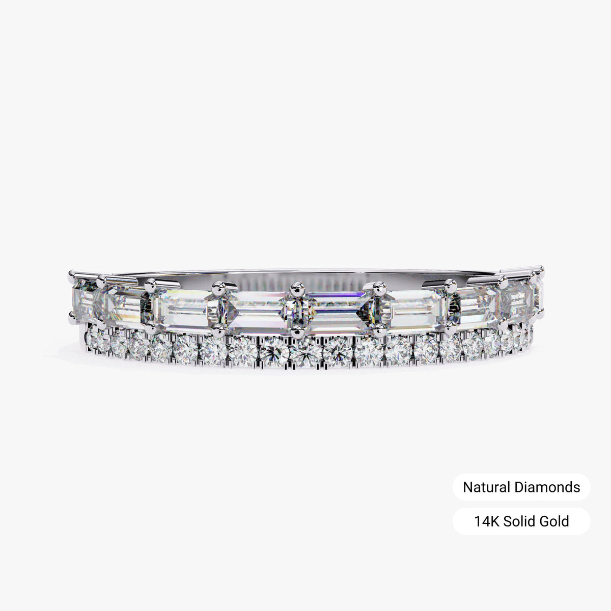 2/3 Ct TW Natural Diamonds, 14k Solid Gold, Diamond Band, Round and Baguette Diamonds, Half Eternity Band, Everyday Ring, East West Baguette