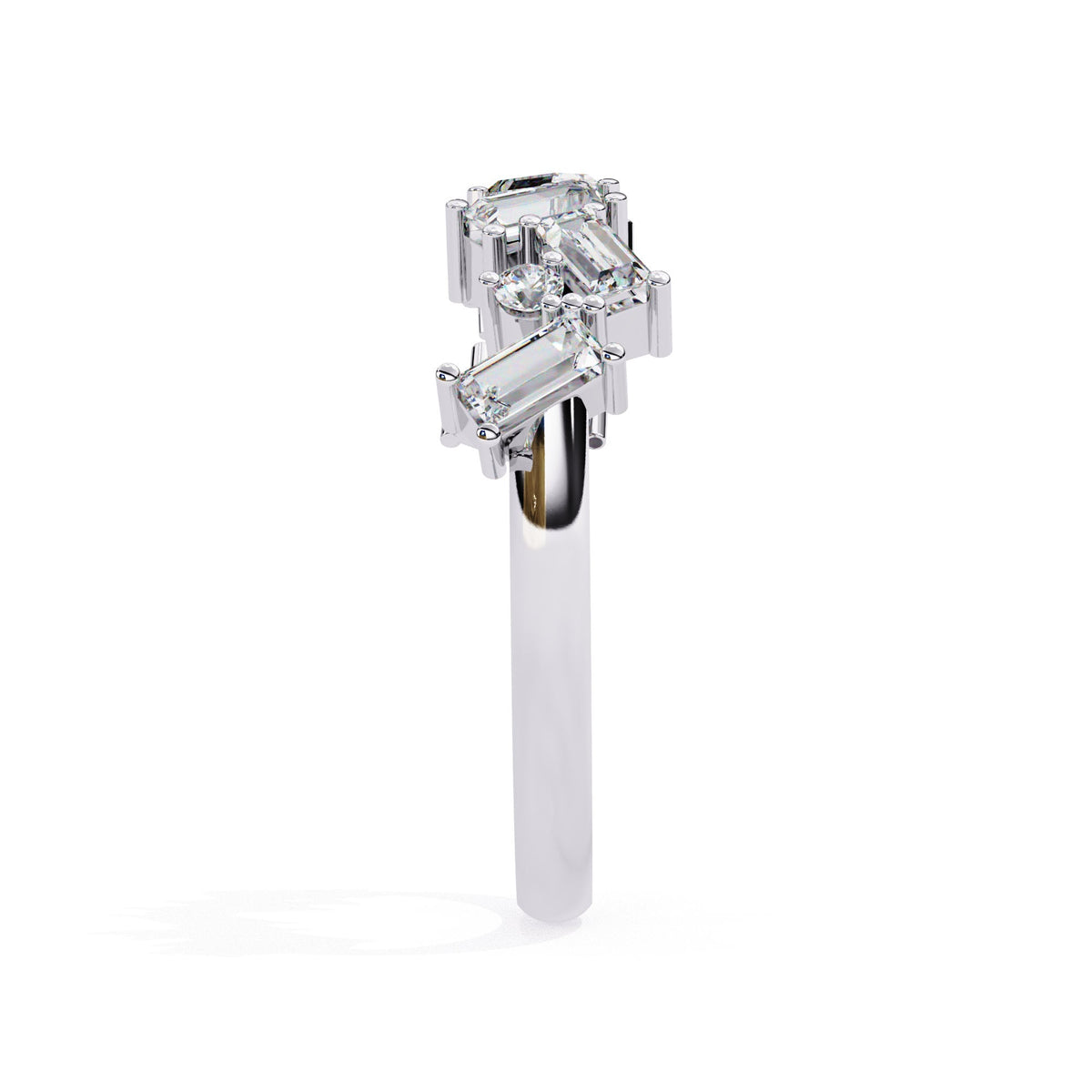 A white gold ring with baguette and round shaped diamonds.