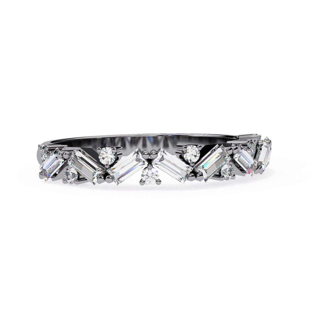 A black gold ring with baguette and round shaped diamonds.