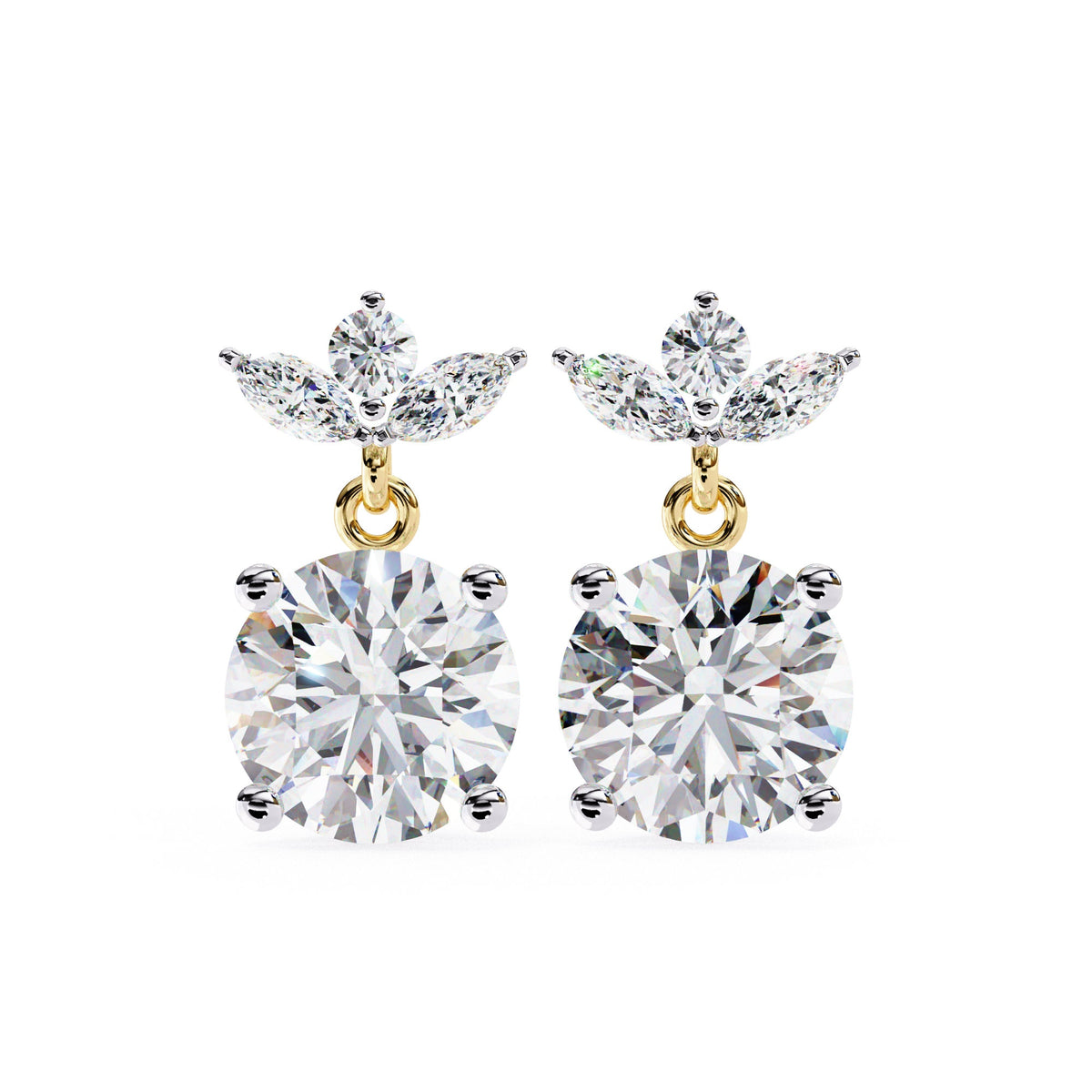Delight in the luxury and unique design of our 2 CT Marquise Stud Dangle Natural Diamond Earrings. Each earring showcases a captivating arrangement of marquise-cut diamonds, expertly set in a prong setting to capture and reflect light beautifully.