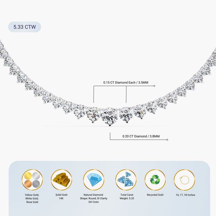 Tennis Necklace Diamond Necklace Half Way Tennis Graduated Choker 5 Carat Tennis Necklace Graduated Lab Grown Diamond Riviera 14k Solid Gold