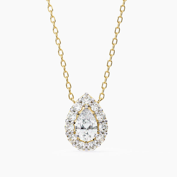 14K Gold Pear Natural Diamond Halo Pendant Necklace, 0.60 CTW, 16-18 Inch