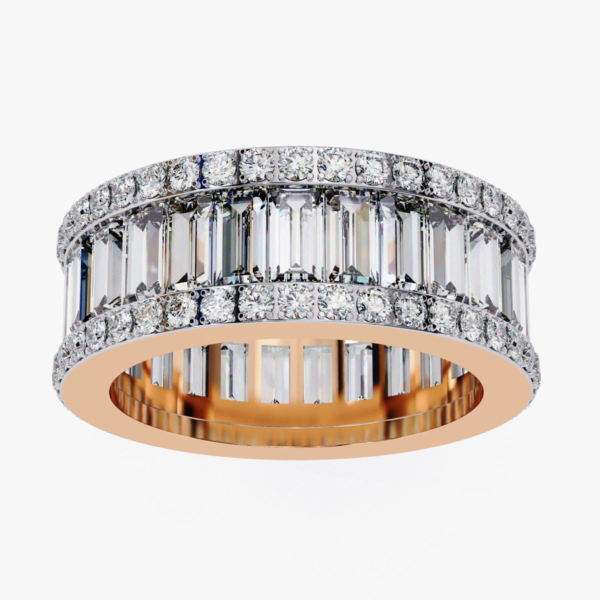 14K Gold Baguette Diamond 3 Row Anniversary Band Full Eternity Ring, 3.60Ct