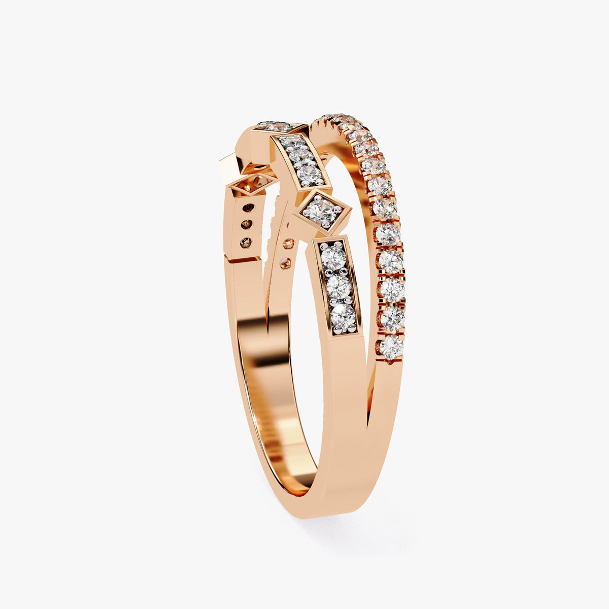 14K Gold Diamond Double Band Ring: Geometric Art Deco Index Finger Ring 0.25Ct