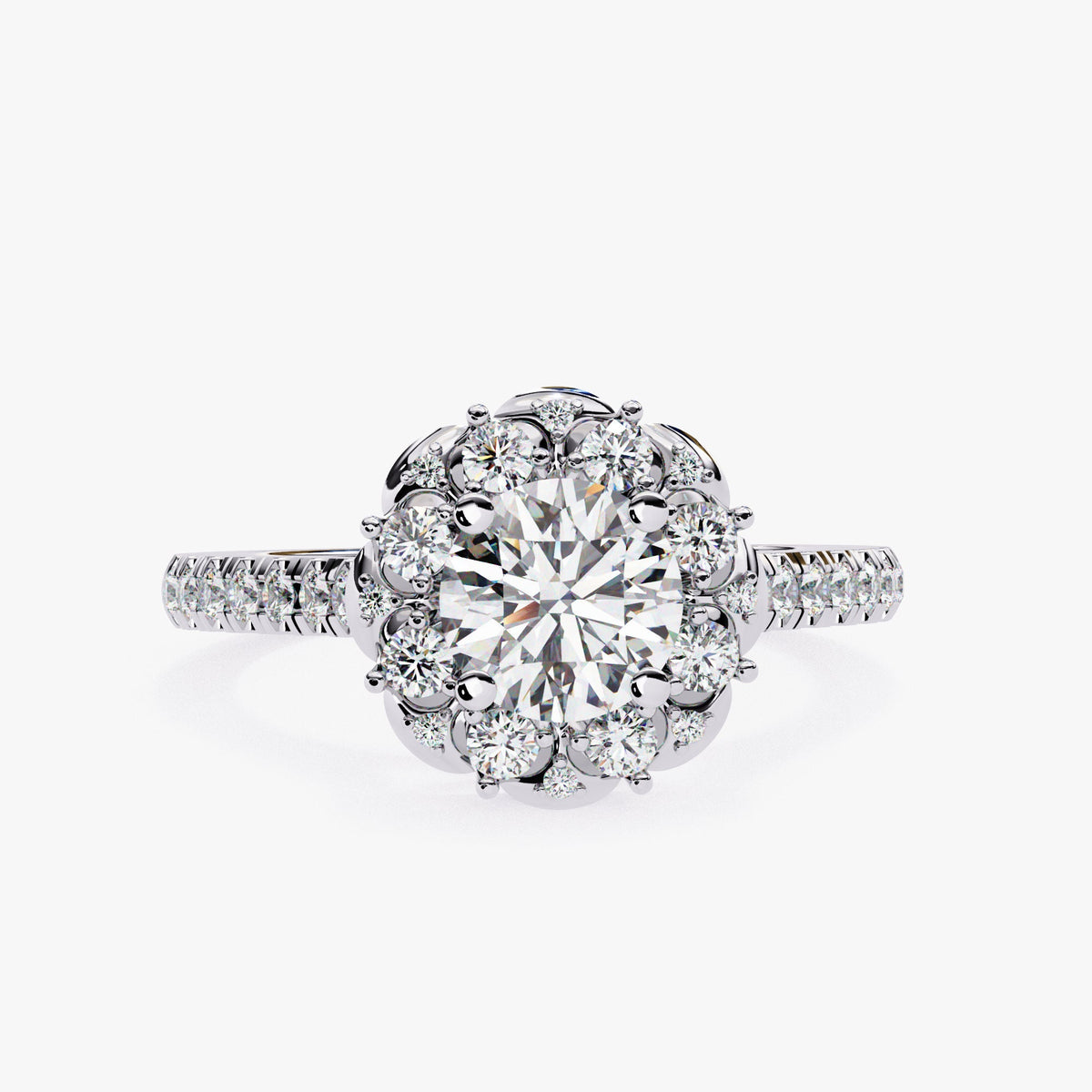 Unique Vintage Style Floral Diamond Halo Engagement Ring Lab Grown Diamond Ring Eco-Friendly Round Diamond Ring Flower Engagement Ring