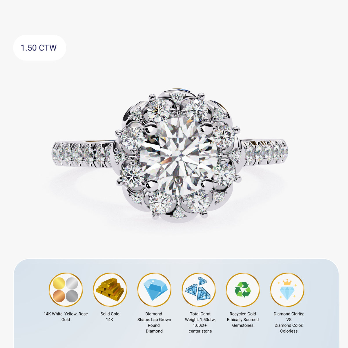 Unique Vintage Style Floral Diamond Halo Engagement Ring Lab Grown Diamond Ring Eco-Friendly Round Diamond Ring Flower Engagement Ring