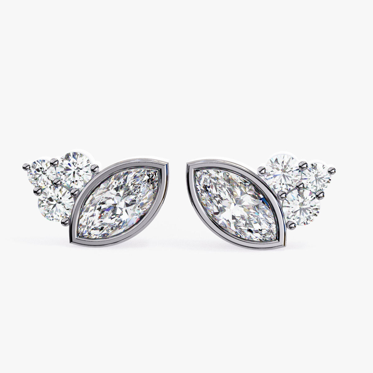 A pair of black gold earrings with marquise shaped diamonds and smaller round diamonds on each earring.