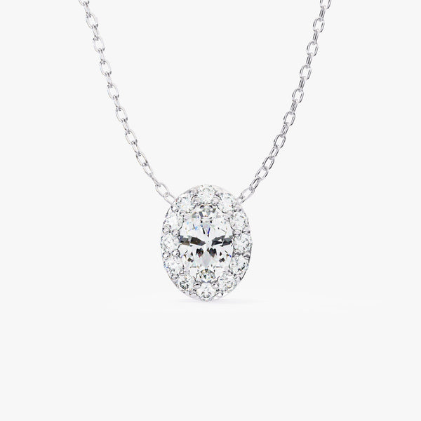 Oval Halo Diamond Pendant Necklace in 14K Gold, Lab Grown Oval Cut Diamond Necklace, Dainty Halo Pendant Gift for Her