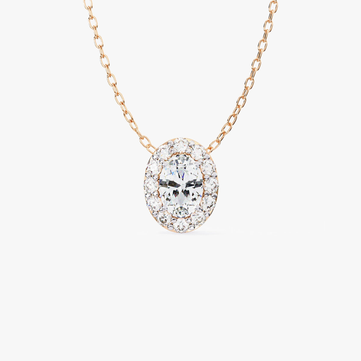 14K Gold Oval Natural Diamond Halo Pendant Necklace, 0.70 CTW, 16-18 Inch