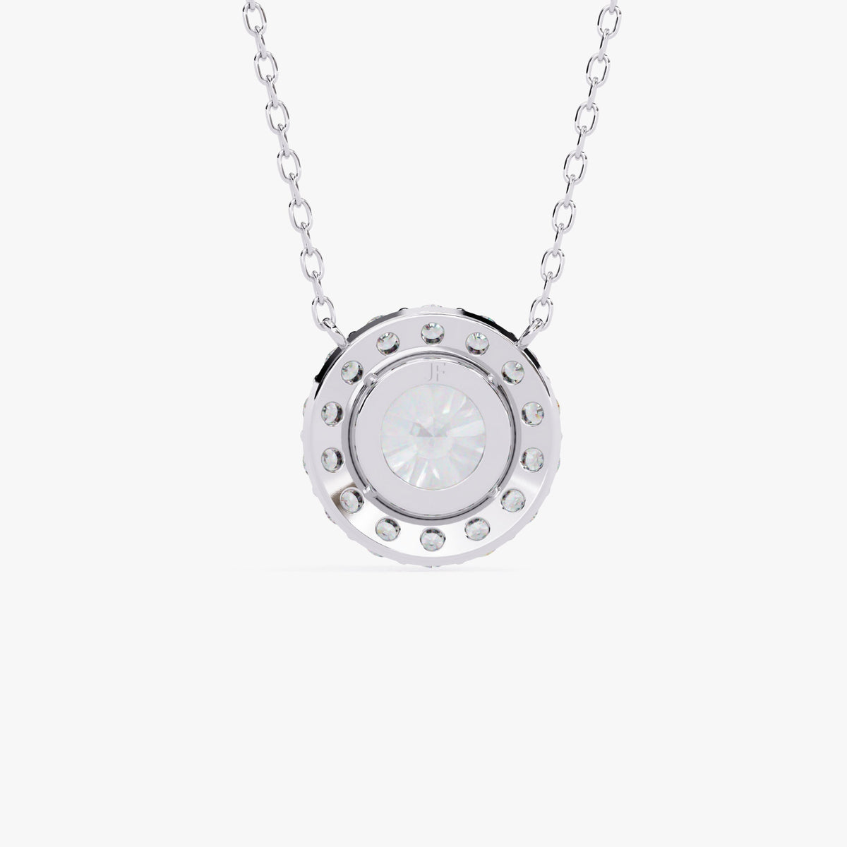 A white gold chain necklace with a round pendant featuring a single, clear, round-cut stone surrounded by a halo of smaller, clear stones.