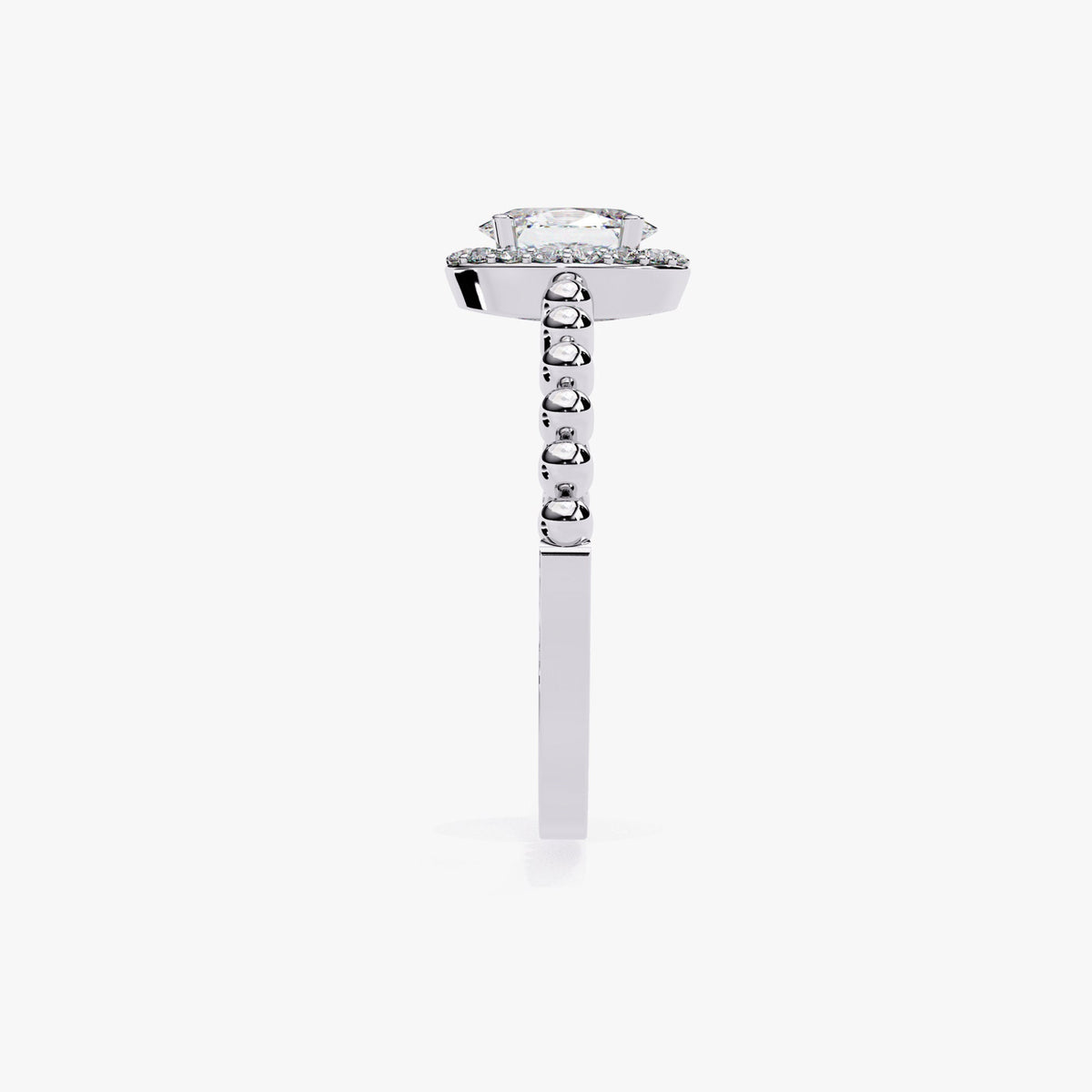 0.50 Ctw Oval Lab Grown Diamond Ring, Bead Band Halo Engagement Ring, 14k Gold Prong Setting, Fine Diamond Solitaire Half Eternity Band Ring