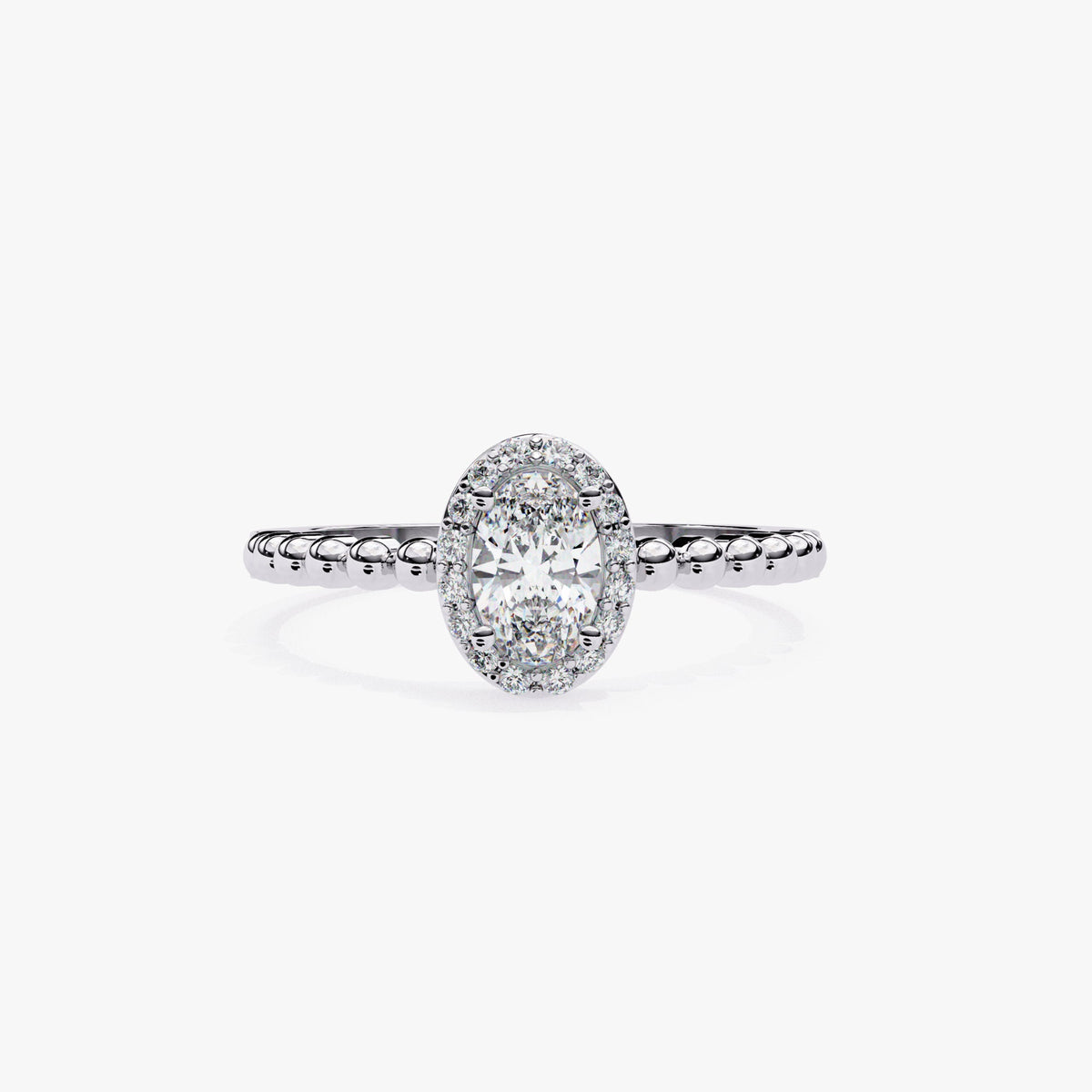 0.50 Ctw Oval Natural Diamond Ring, Bead Band Halo Engagement Ring, 14k Gold Prong Setting, Fine Diamond Solitaire Half Eternity Band Ring