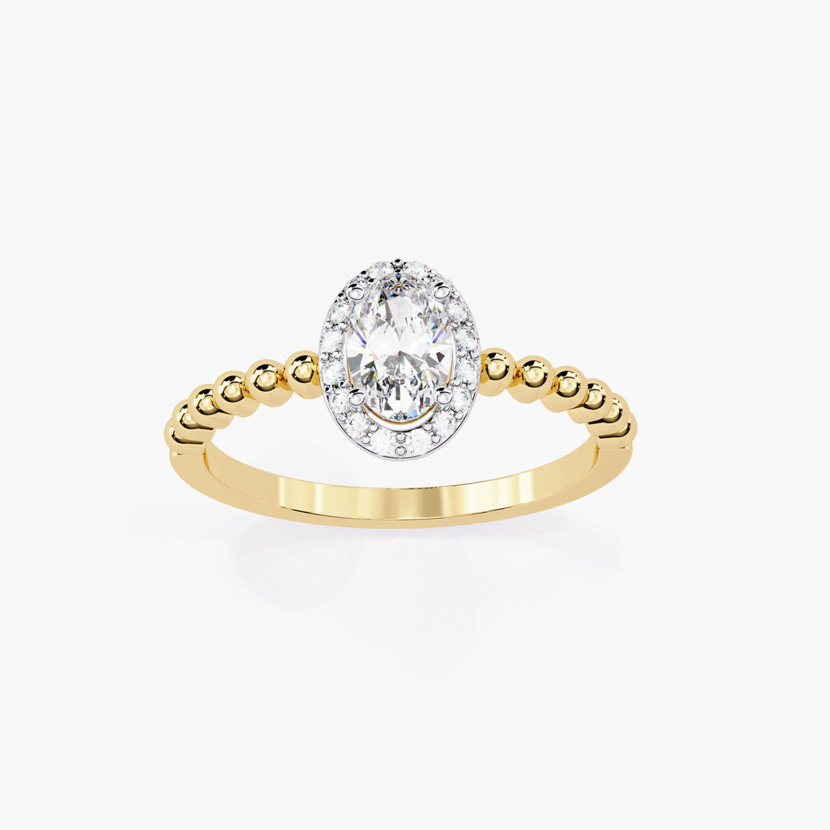 0.50 Ctw Oval Natural Diamond Ring, Bead Band Halo Engagement Ring, 14k Gold Prong Setting, Fine Diamond Solitaire Half Eternity Band Ring