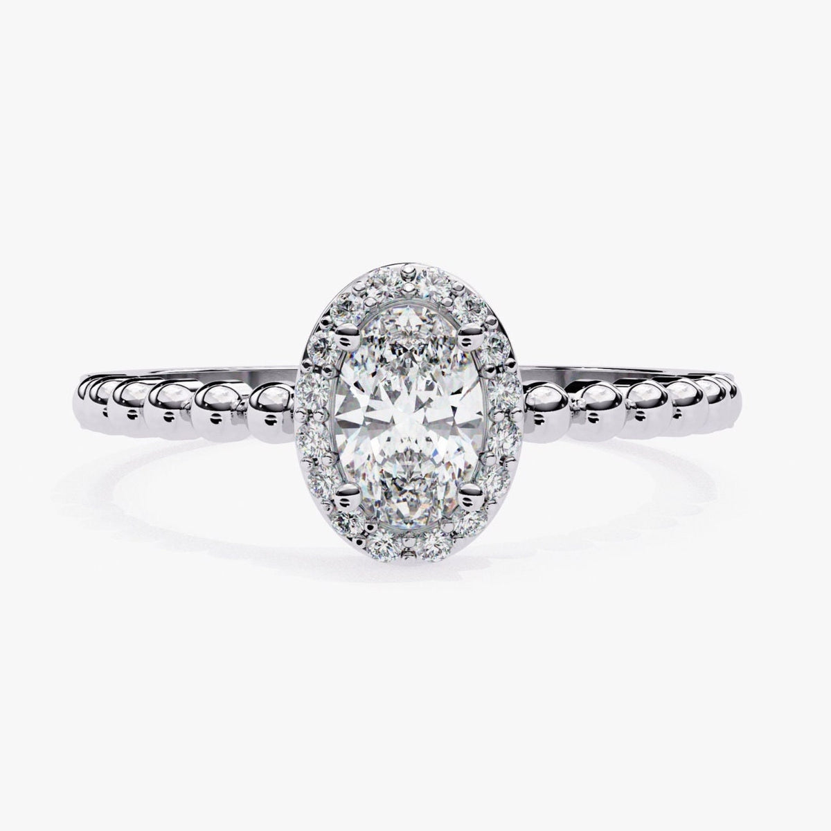 0.50 Ct Oval Halo Diamond Engagement Ring Yellow Gold: 14K Gold Beaded Band