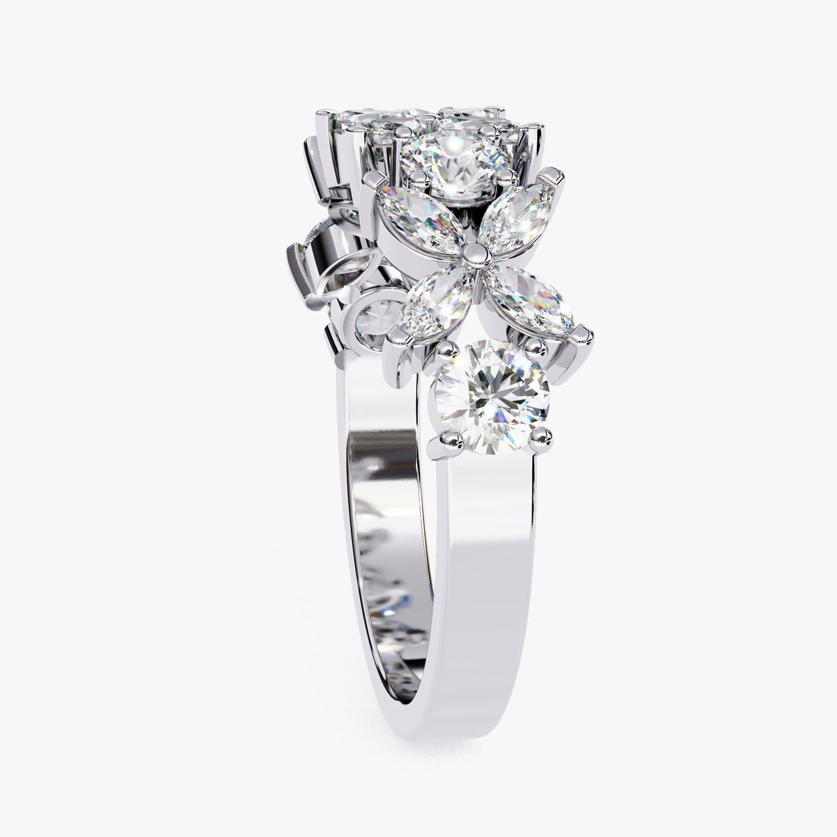 1.05 CT Marquise Round Diamond Ring: 14k Gold Floral Wedding Band
