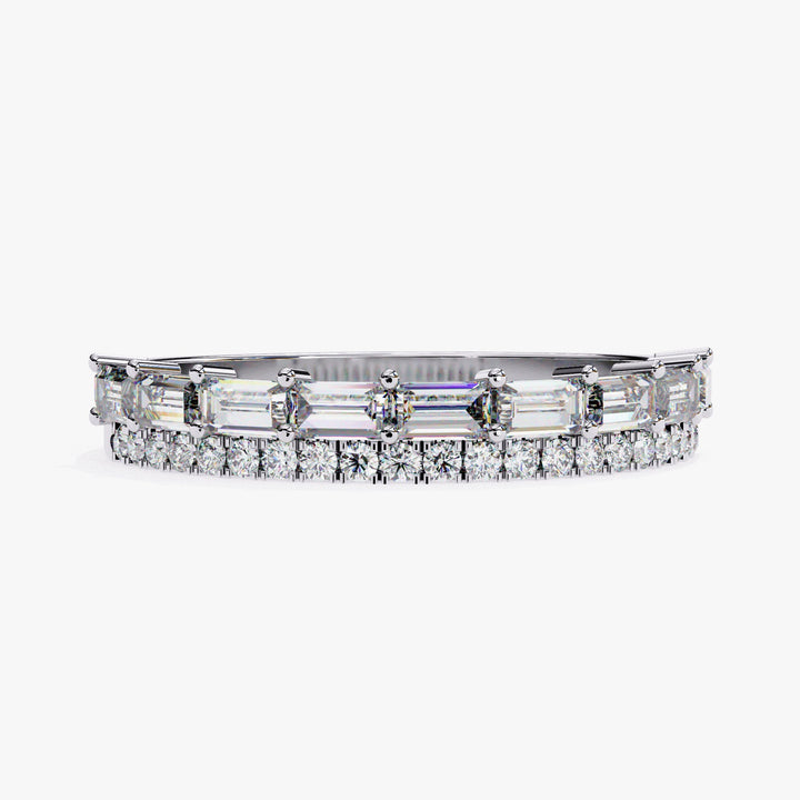 A 14k white gold double row diamond ring with baguette-cut and round lab-grown diamonds in prong and pavé settings. This structured half eternity design combines modern brilliance with timeless symmetry—ideal as a stacking ring, anniversary band, or wedding gift.