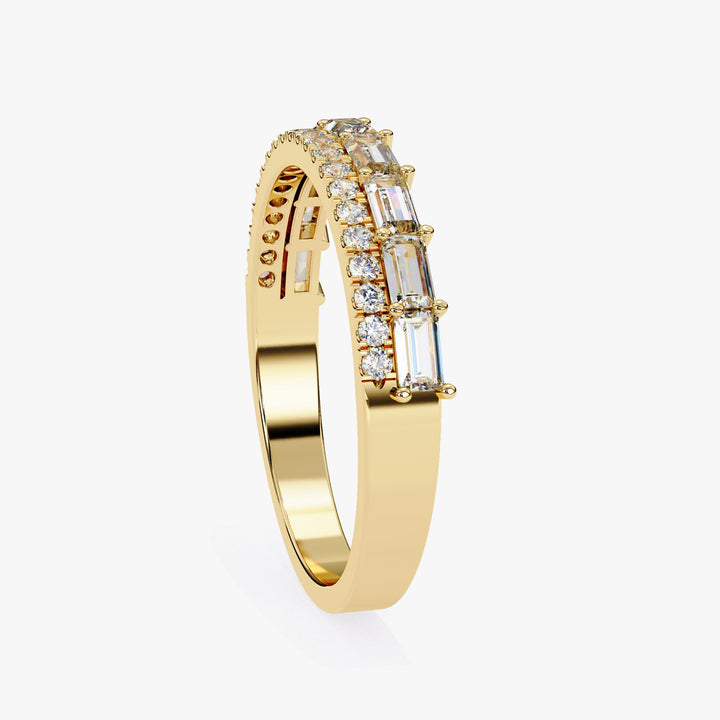 14k yellow gold diamond ring with a double row of baguette-cut and round lab-grown diamonds in prong and pavé settings. The structured half eternity design blends modern and classic styling, ideal for stacking, weddings, or gifting.