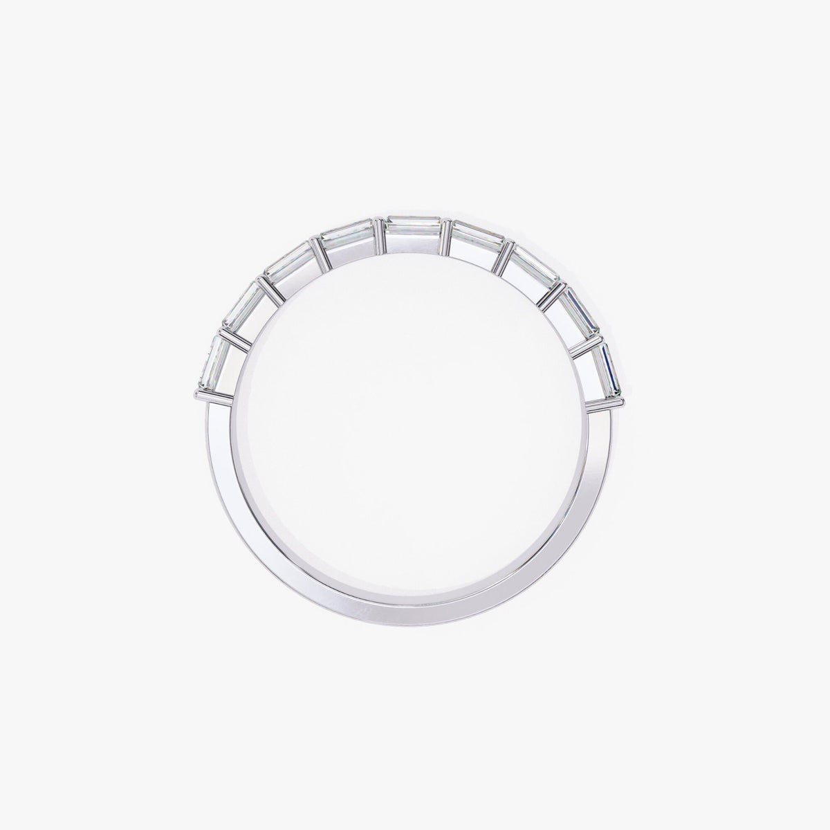 14k white gold diamond ring showcasing the half eternity design with baguette-cut lab-grown diamonds spaced evenly across the top. The smooth polished band and minimalist setting highlight the structured curve and clean, modern aesthetic.