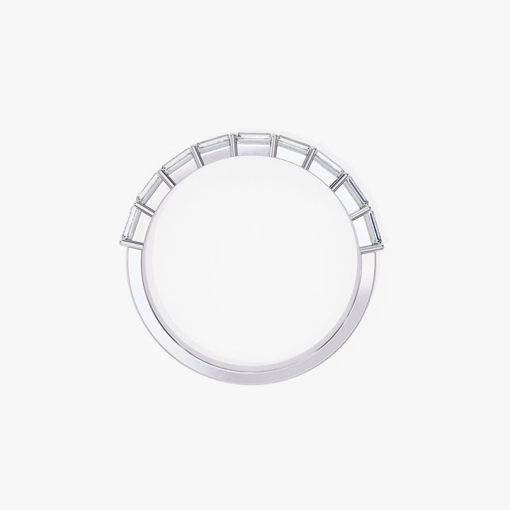 14k white gold diamond ring showcasing the half eternity design with baguette-cut lab-grown diamonds spaced evenly across the top. The smooth polished band and minimalist setting highlight the structured curve and clean, modern aesthetic.