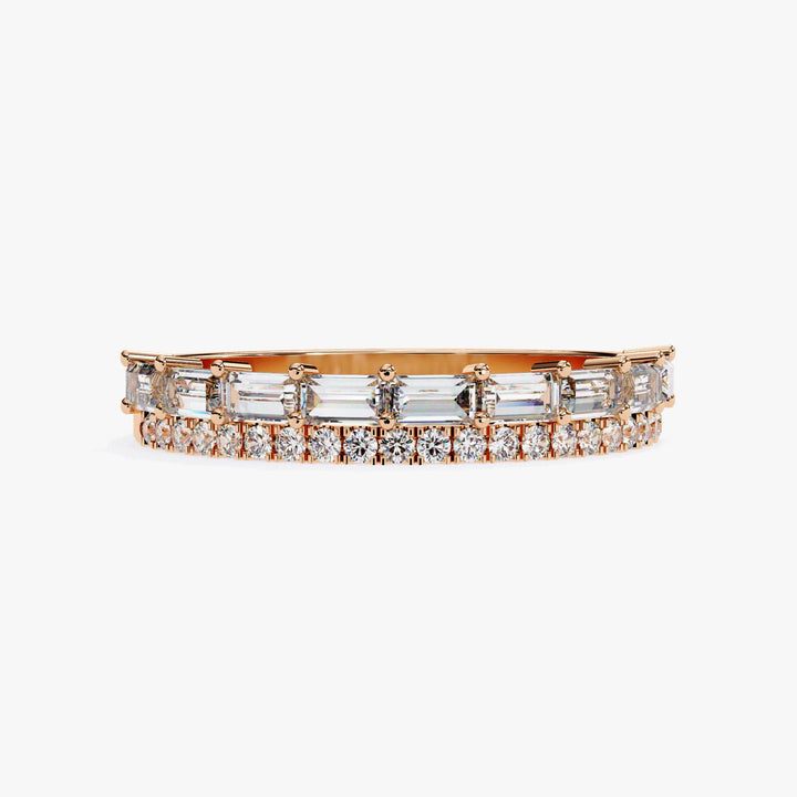 A 14k rose gold double row diamond ring with baguette-cut and round lab-grown diamonds set in prong and pavé settings. The soft rose tone adds warmth to this half eternity design, making it a modern choice for stacking, weddings, or anniversary gifting.