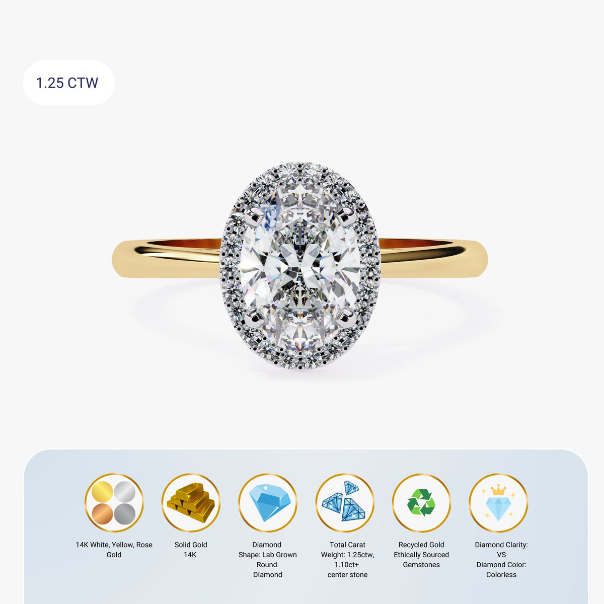 Oval Cut Halo Engagement Ring 14K Solid Gold 1.00 CT Brilliant Lab Grown Diamond Ring / Solitaire Lab Created Engagement Ring for Women