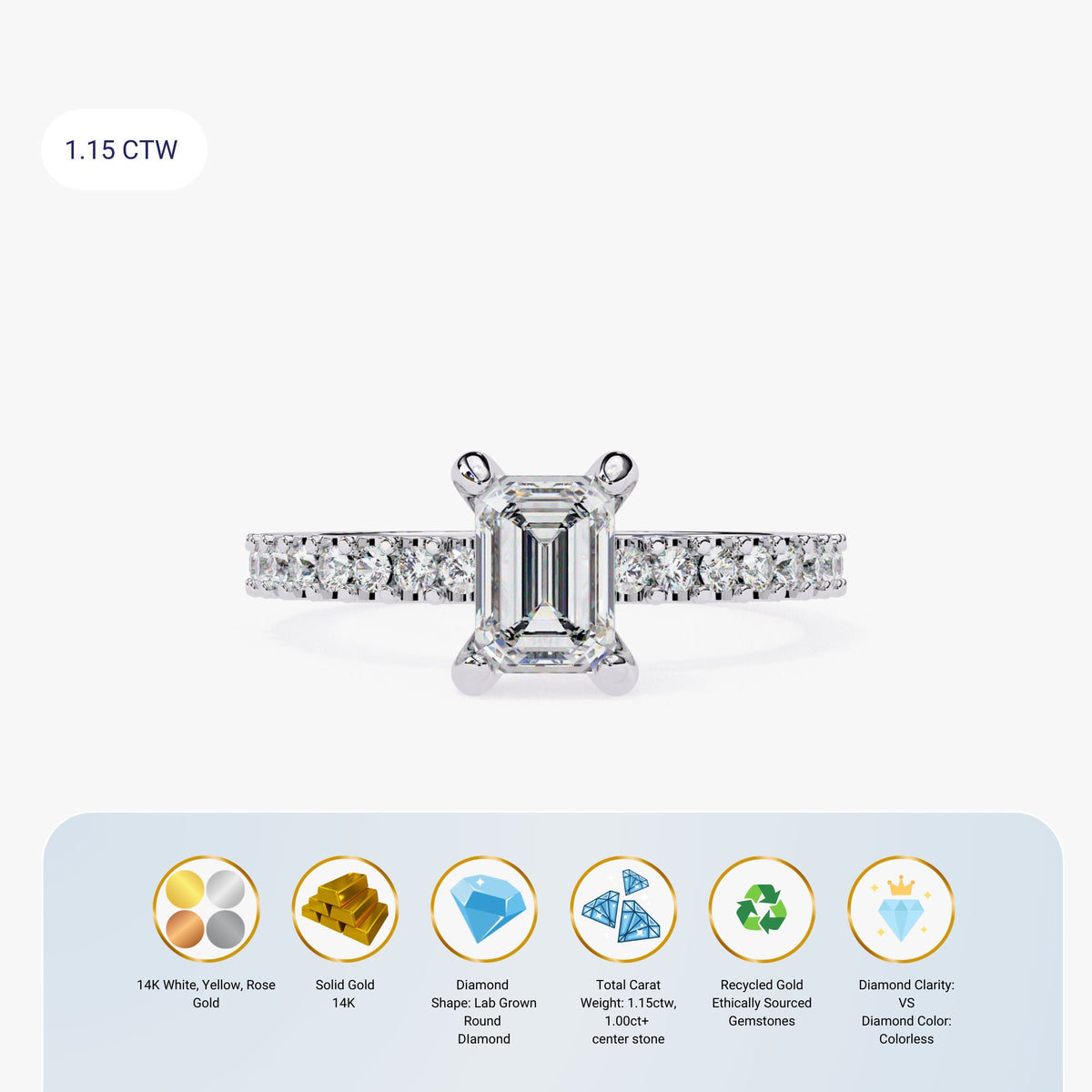 Emerald Cut Lab Grown Diamond Engagement Ring 1.75 ct White Gold Lab Created Diamond Ring Diamond Pave Band Emerald Shape Bridal Ring