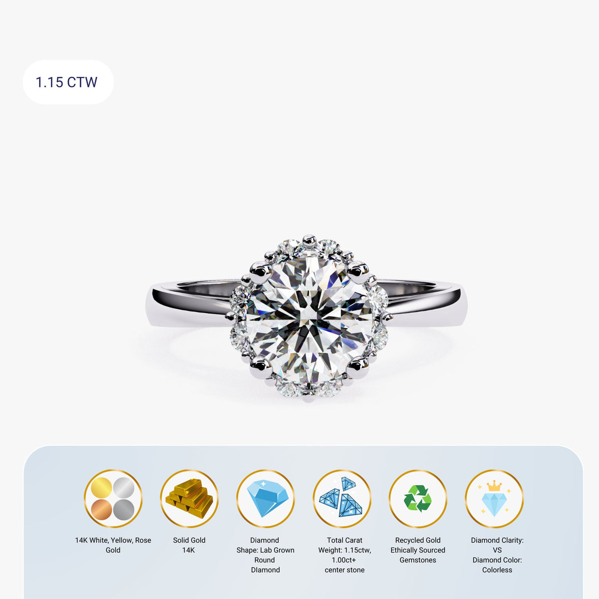 1.15 CTW Lab Grown Diamond Engagement Ring: 14k Gold Solitaire