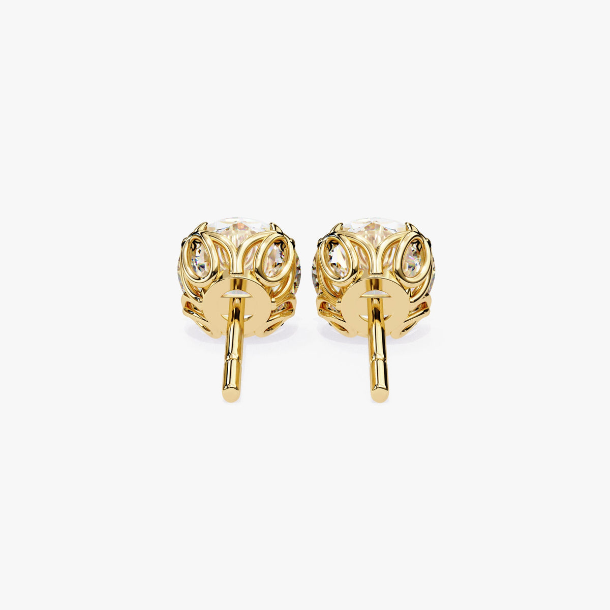 Back view of gold round diamond stud earrings showing the prong setting and matching posts.