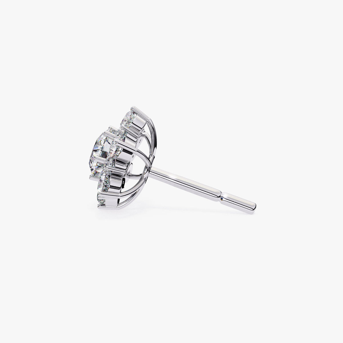 Side view of a white gold floral diamond stud earring with round stones in a prong setting and visible pushback post.