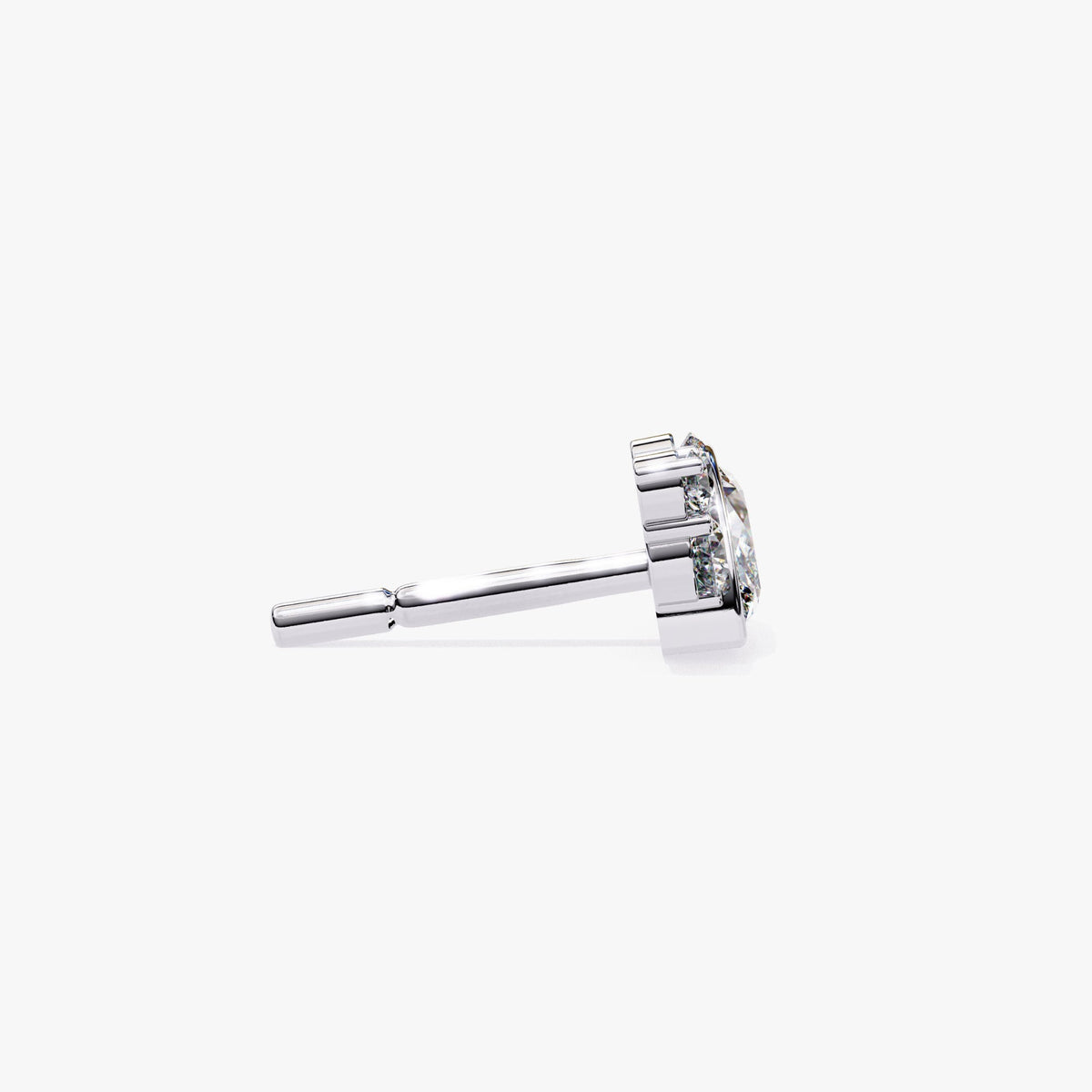Side profile of 14k white gold stud earrings, showing the marquise and round diamonds in a raised prong setting and highlighting the post length.