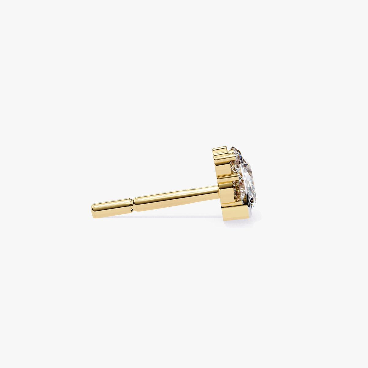 Side view of a yellow gold stud earring showing the depth of the setting and the length of the post.